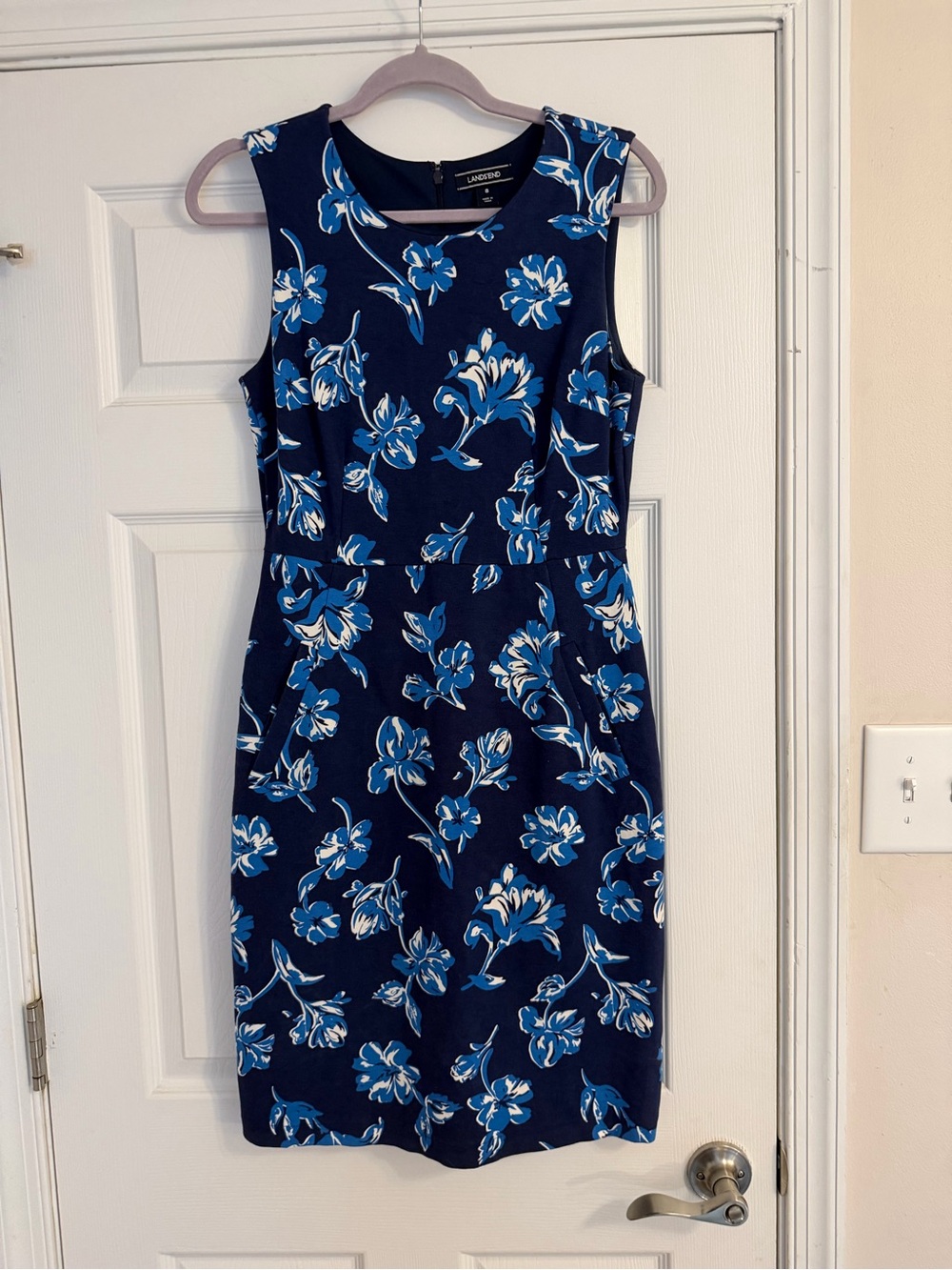Lands' End Navy and Bright Blue Floral Sheath Dress